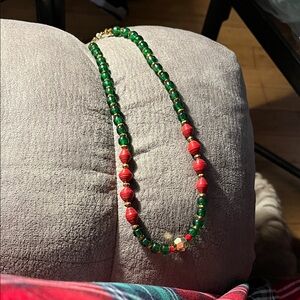 Handcrafted Green and Red Beaded Necklace 1330